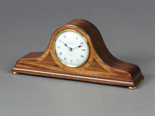 Knight and Gibbs, an Edwardian style battery operated timepiece with enamelled dial, Roman numerals, contained in an inlaid mahogany admiral's hat shaped case 14cm x 35cm x 7cm 