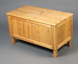 A pine coffer with hinged lid 49cm h x 86cm w x 46cmd (water marks and sun bleaching to the top) 