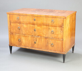 A 19th Century French bleached walnut commode fitted 3 drawers with brass ring drop handles, raised on square tapered ebonised supports 90cm h x 125cm w x 63cm d 