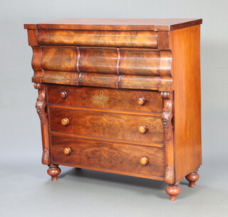A Victorian mahogany Cumberland chest with 1 long secret drawer above 3 short drawers of scroll form above a further 3 drawers with scrolls to the side, raised on (possible replacement) bun feet 128cm h x 122cm w x 55cm d 