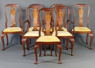 A set of 7 Queen Anne style Continental figured walnut slat back dining chairs comprising 2 carvers 106cm h x 53cm w x 43cm d (seat 25cm x 30cm) and 5 standard 106cm h x 51cm w x 43cm d (seat 20cm x 26cm), with upholstered drop in seats, raised on cabriole supports  