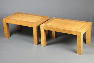 A pair of G-Plan Art Deco style rectangular birdseye maple occasional tables with brass inlay, raised on square supports 42cm h x 79cm w x 50cm d 