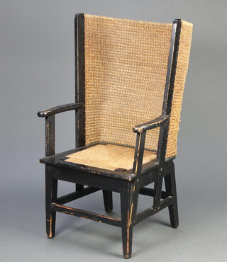 An Orkney stained pine and woven rush lambing chair raised on square supports with box framed stretcher 105cm h x 61cm w x 46cm d (seat 30cm x 28cm) 