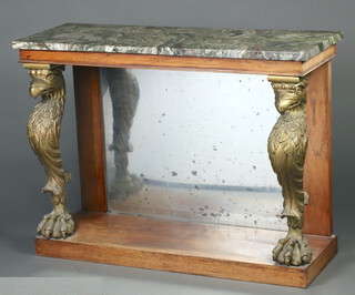 A 19th Century Regency style rosewood console table with green veined marble top and mirrored back supported by 2 figures of birds 91cm h x 122cm w x 45cm d  