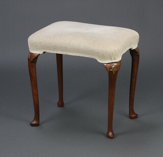 A Queen Anne style walnut stool with mushroom upholstered seat, raised on cabriole supports 51cm h x 52cm w x 37cm d 