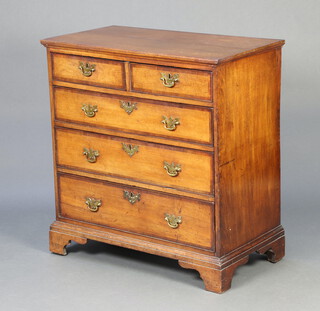 An 18th Century oak chest with crossbanded top, fitted 2 short and 3 long drawers with brass plate drop handles, raised on bracket feet 92cm h x 88cm w x 47cm d 