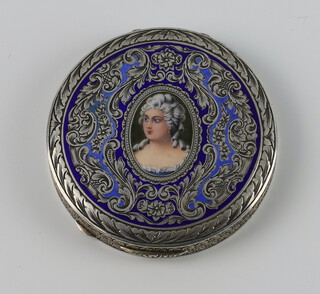A 19th Century German 800 standard enamelled circular compact with portrait bust 70.6 grams, 6cm 