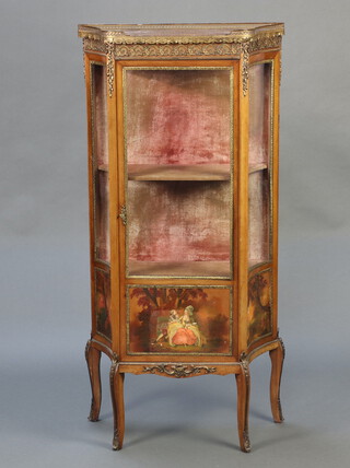 A 20th Century mahogany vitrine with pink veined marble top and pierced 3/4 gallery enclosed by a glazed panelled door, the base with painted panels on cabriole supports 140cm h x 68cm w x 30cm d 