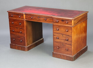 Heals and Sons of London, a Victorian mahogany inverted breakfront writing table with inset red leather writing surface above 1 long and 8 short drawers 73cm h x 137cm w x 60cm d (all in one section) 
