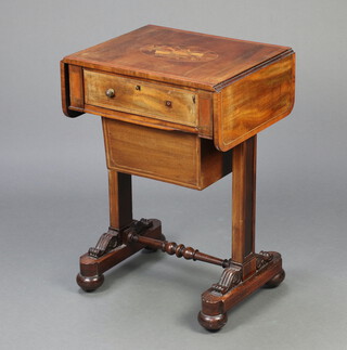 A William IV inlaid mahogany drop flap work table, the top inlaid musical trophies fitted a drawer above a deep basket, raised on standard end supports with H framed stretcher, bun feet 73cm h x 50cm w x 41cm d  