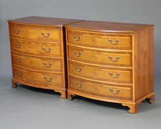A pair of Georgian style crossbanded yew bow front chests of 4 drawers with brass swan neck drop handles, raised on bracket feet 84cm h x 87cm w x 50cm d 