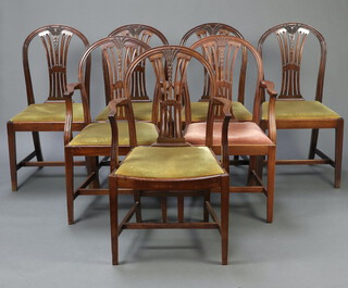 A set of 7 Hepplewhite style dining chairs with slat backs carved ears of corn and upholstered drop in seats, raised on square supports with H framed stretchers, comprising 3 carvers 95cm h x 54cm w x 46cm d (seats 31cm x 27cm) and 4 standard chairs 96cm h x 50cm w x 43cm d (seat 24cm x 26cm)  