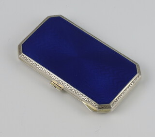 A lady's 925 standard engine turned blue guilloche enamel cigarette case 9cm x 3cm, 68.7 grams 
