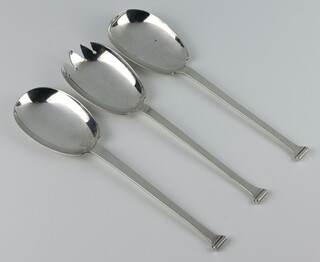 Two silver serving spoons and a fork, Sheffield 1920, 21 and 30, 211 grams 