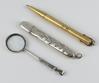 A 925 standard silver repousse pencil holder, a gilt pencil and magnifying glass 