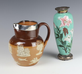 A Royal Doulton hunting jug with silver collar London 1905, together with a Japanese white metal mounted cloisonne vase a/f 