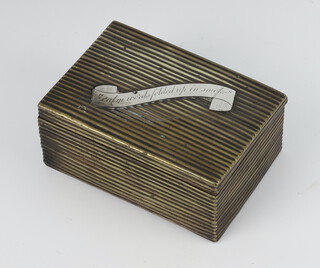 An Edwardian ex plated mounted ribbed cigarette box with applied plaque "Calm words folded up in smoke" 
