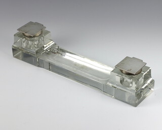 An Art Deco silver mounted glass desk top inkstand comprising 2 inkwells with a pen tray,Birmingham 1937 34cm 