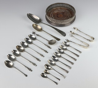 A Georgian design silver coaster London 1939 and minor silver cutlery, weighable silver 240 grams 