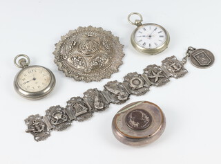 A 19th Century plated chrome mounted snuff box 5cm, 2 pocket watches, a bracelet and filigree mount