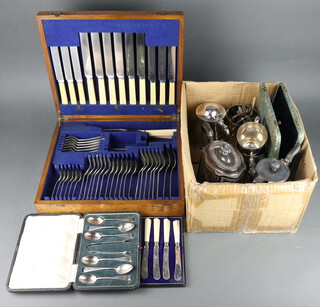 An oak canteen of plated cutlery for 6, a Georgian plated tankard and minor plated wares