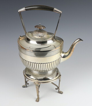 An Edwardian silver plated demi-fluted tea kettle on stand with burner 