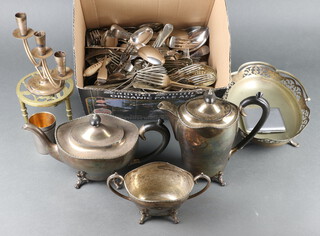 A silver plated 4 piece tea set and minor plated cutlery etc 