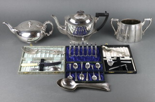A silver plated melon shaped teapot and minor plated wares