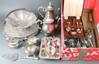 A Victorian silver plated swing handled basket and minor plated wares including 2 part canteens of cutlery 