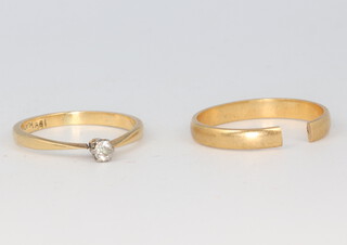 An 18ct yellow gold wedding band 2.2 grams, a ditto single stone diamond ring 0.10ct size L 1/2, 2 grams together with a 22ct gold wedding band 1.7 grams 