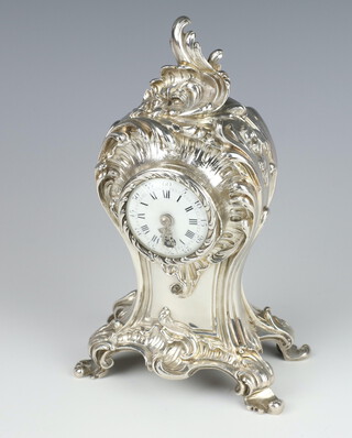 A 925 standard rococo style mantel timepiece with mechanical movement and enamelled dial, Maker C S Harris & Sons Ltd 23cm h