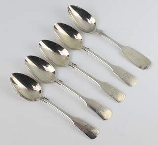 Five Continental white metal dessert spoons 