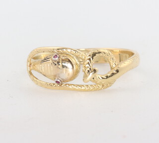 A William IV 18ct yellow gold and ruby snake ring with engraved inscription, London 1830, the inscription dated 1833, 3.1 grams, size N 