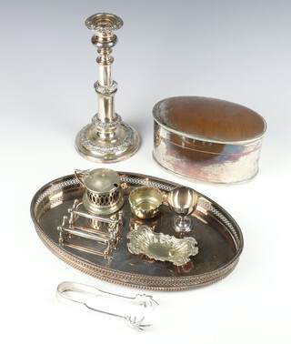An oval silver plated biscuit box and minor plated wares 