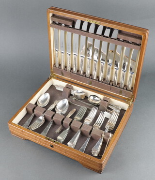 A quantity of silver plated cutlery contained in a mahogany canteen 