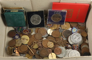 A quantity of pre-decimal coins and crowns including pin badges 