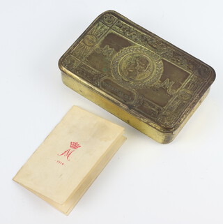 A Princess Mary 1914 Chocolate tin containing card, tobacco (unwrapped) and 1 open, together with 2 photographs 
