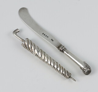 A silver plated novelty needlecase in the form of a parasol together with a novelty propelling pencil in the form of a knife 