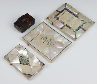 A 19th Century mother of pearl card case, 2 others and a tortoiseshell trinket box 