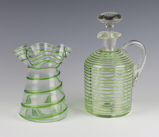 A Continental ribbed green ewer and stopper 20cm, a similar vase 13cm 