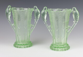 A pair of "Josef Feigl" Czechoslovakian Art Deco pale green glass moulded flared neck vases with budgerigar handles 24cm 