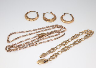 A 9ct yellow gold bracelet and minor 9ct gold jewellery including a chain (split) 16 grams 