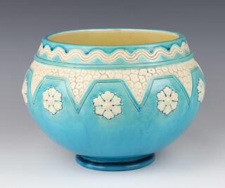 A Burmantofts jardiniere decorated with stylised flower heads on a blue ground 1858, 22cm 