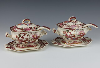 A pair of Masons Red Mandalay sauce tureens, covers, ladles and stands