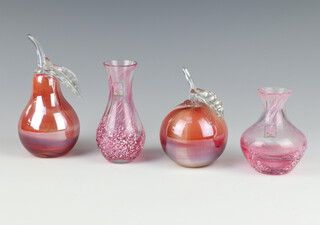 A Studio Glass paperweight in the form of an apple 10cm, ditto of a pear 15cm and 2 vase 