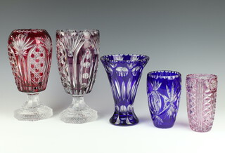 A modern Bohemian globular amethyst glass vase 28cm, ditto red flash glass 21cm and 3 others  