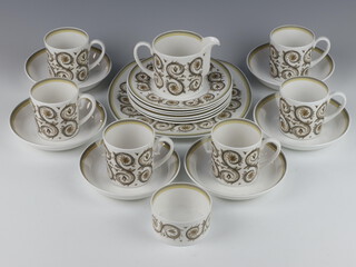 A Susie Cooper Venetia pattern part coffee set comprising 6 coffee cups, 6 (Nasturtium) saucers, milk jug, sugar bowl, 6 small plates and a sandwich plate 