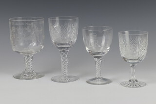 A Stuart Crystal engraved commemorative goblet "25 Momentous Years 1952-1977" with air twist stem 18cm, 3 others 