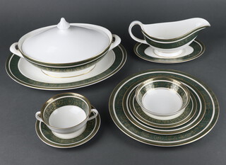 A Royal Doulton Vanborough part dinner service comprising 12 two handled bowls (1 a/f), sauce boat and stand, 2 vegetable dishes and covers (1 a/f), 12 dessert bowls, 12 saucers, 12 small plates, 12 side plates, 3 dinner plates, 2 oval meat plates