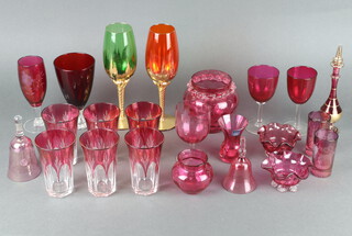Six flash glass beakers, minor flash glass and cranberry glassware 